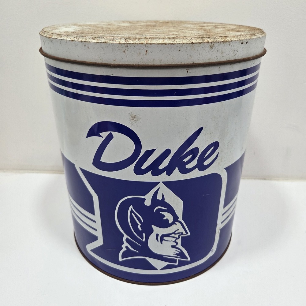 Vintage 1989 P&K Products Metal Duke Blue Devil Storage Tin Can (Rusty)